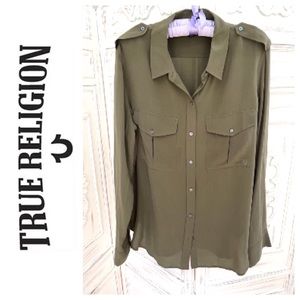 NWOT SILK TRUE RELIGION OLIVE BUTTON DOWN SHIRT SZ XL